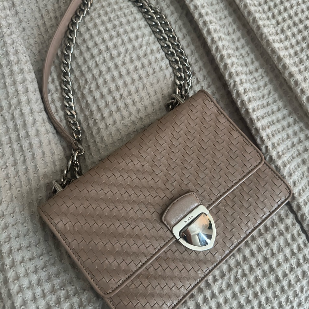 Prada Tan/Nude Woven Leather Shoulder Bag